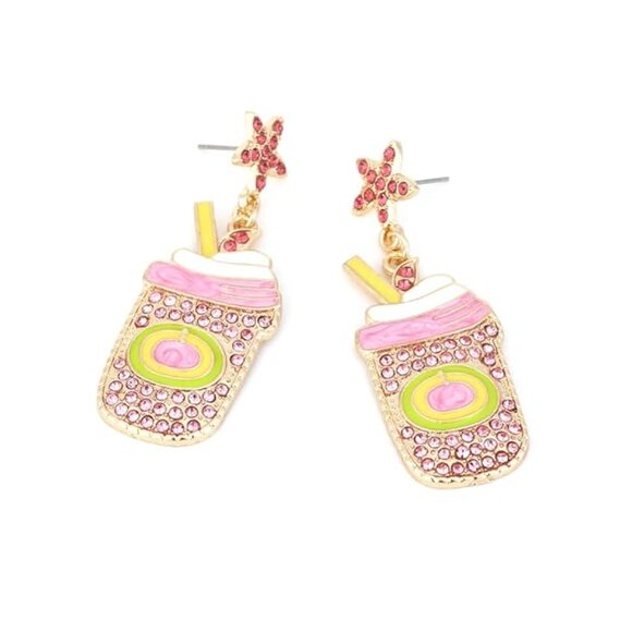 Crystal Rhinestone Boba Bubble Tea Cup Statement Earrings NEW - Picture 2 of 4